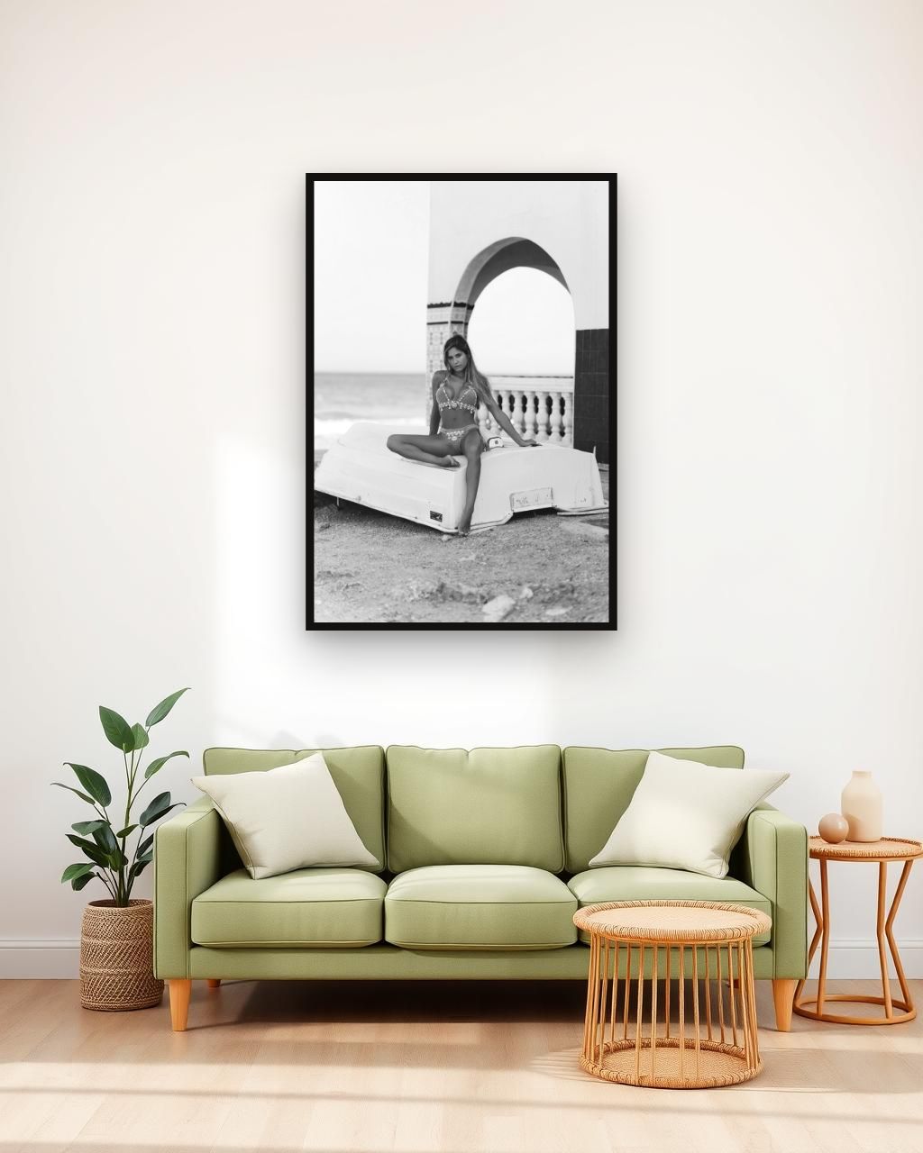 Castaway in black and white, framed in a room
