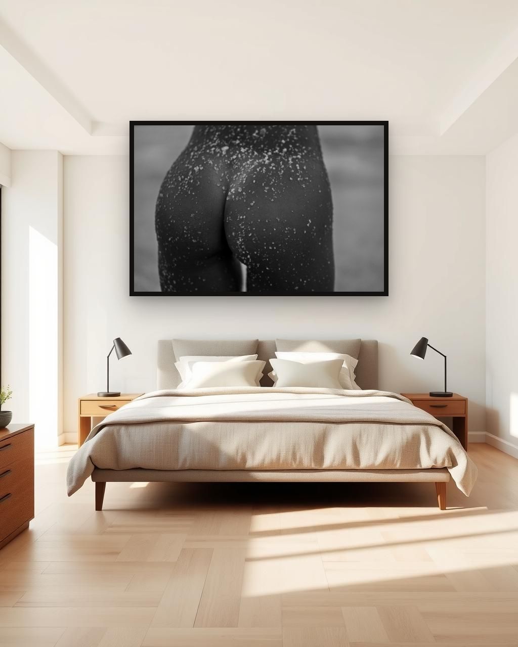 Obra en blanco y negro enmarcada en una pared