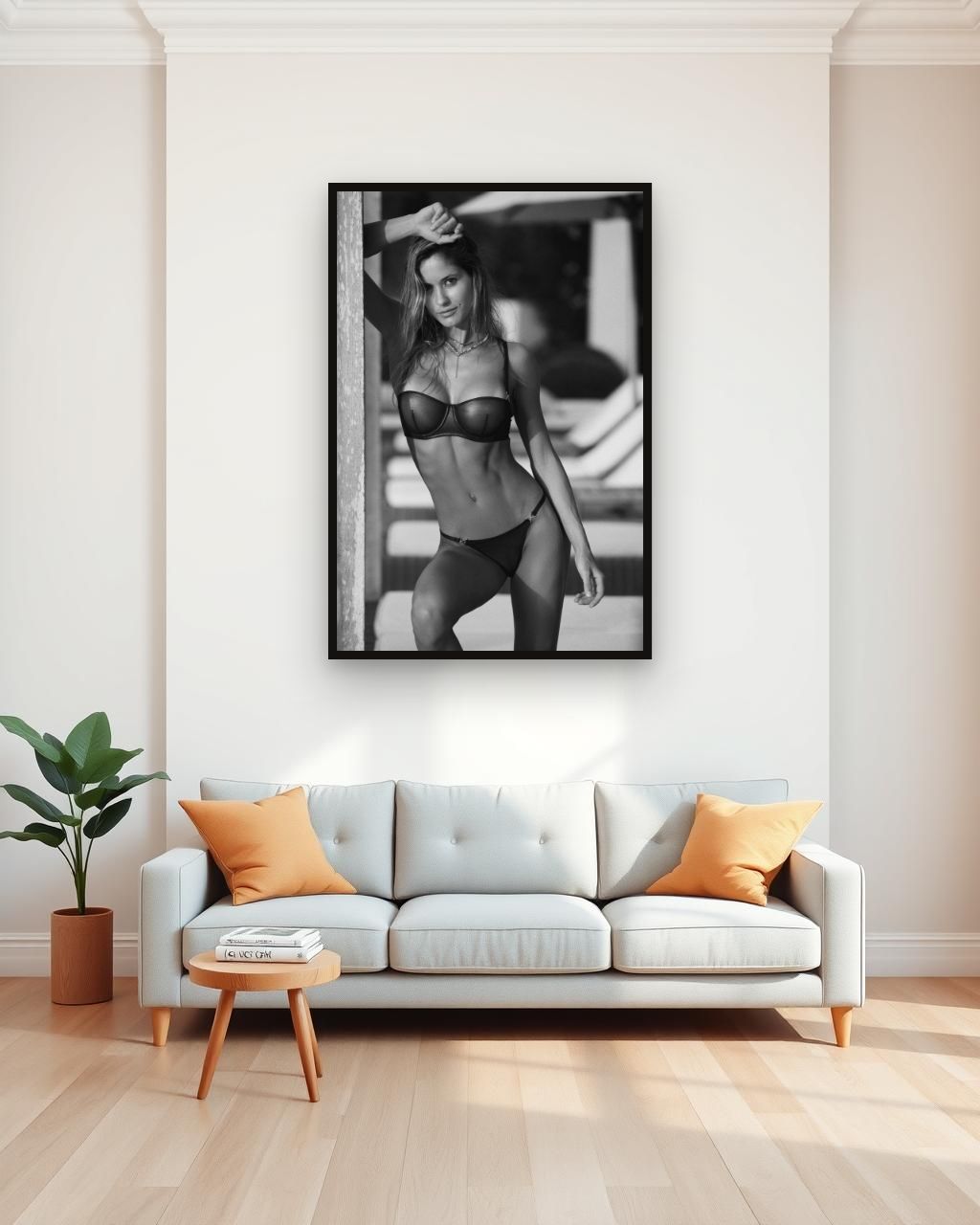 Obra en blanco y negro enmarcada en una pared