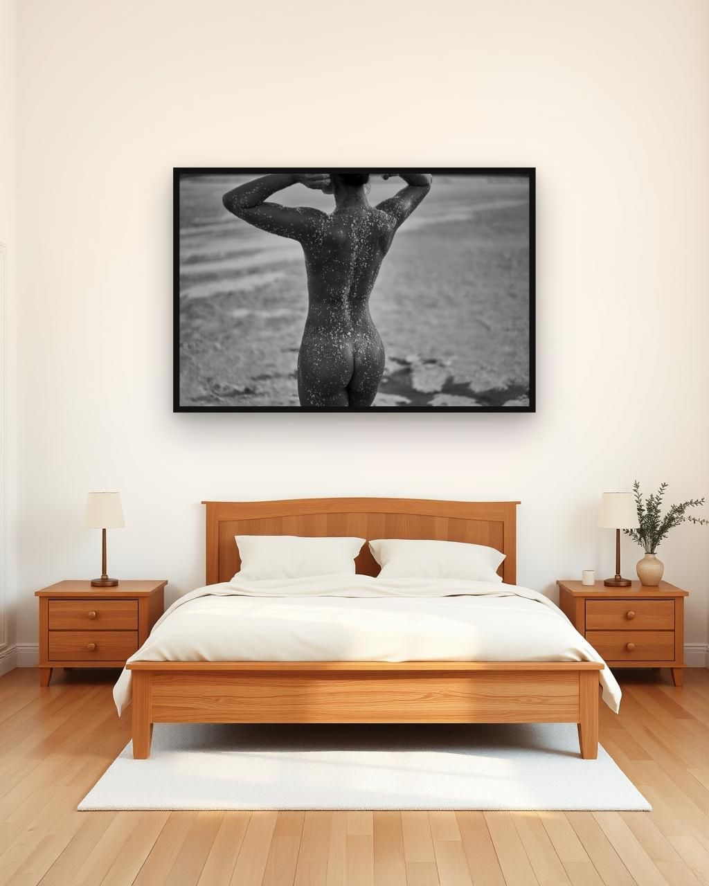 Indigo in black and white, framed in a room