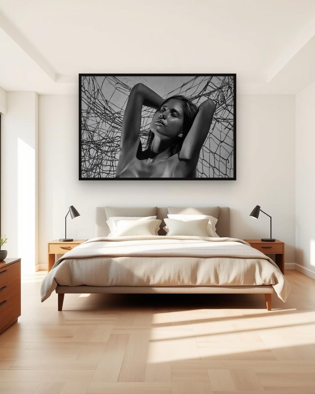Obra en blanco y negro enmarcada en una pared