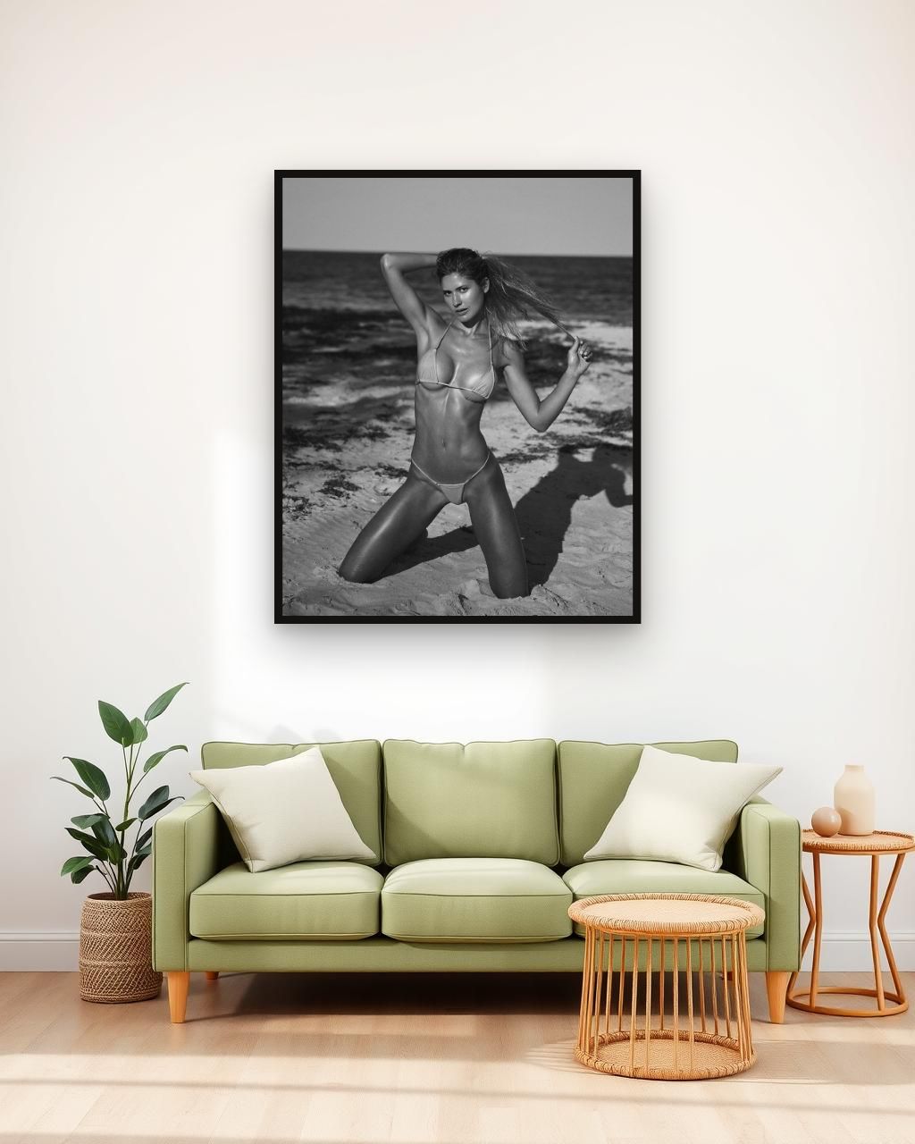 On the Sand in black and white, framed in a room