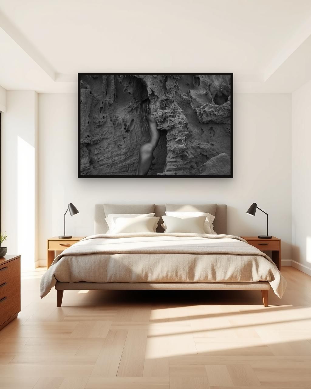 Stone I in black and white, framed in a room