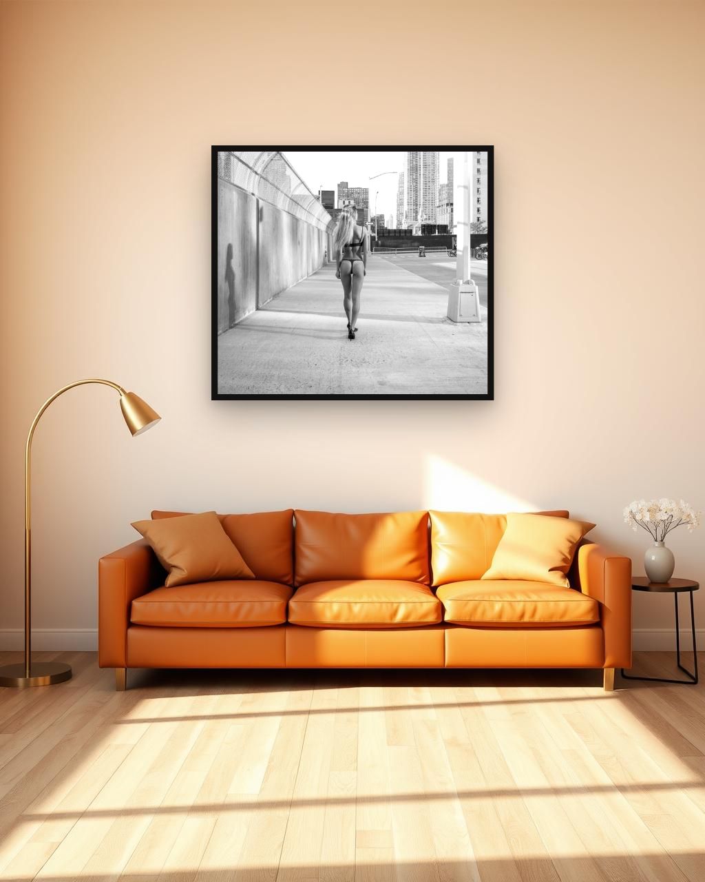 The Walk in black and white, framed in a room